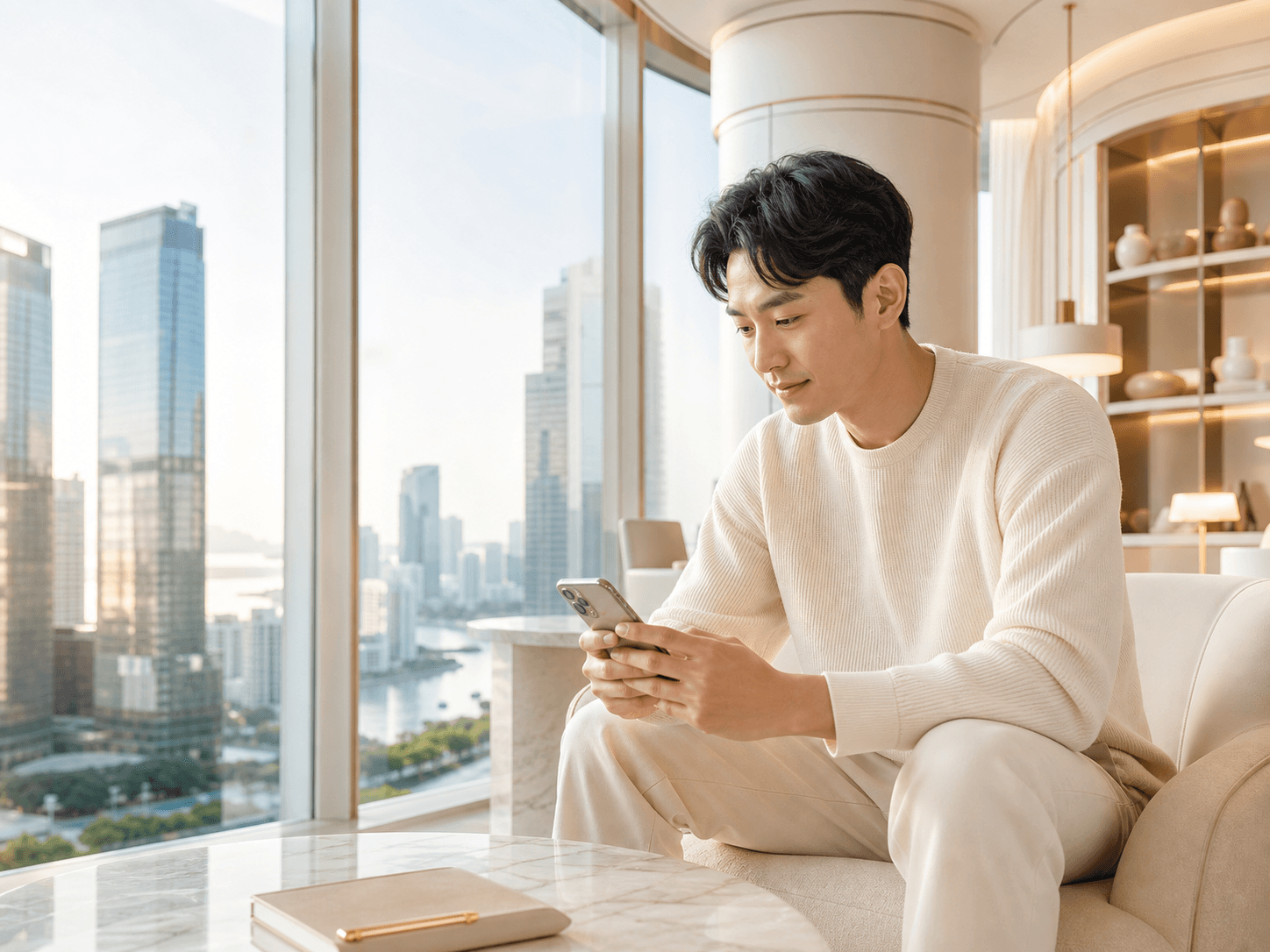 Asian customer using a phone in a bright contemporary interior